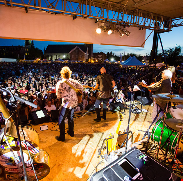 Outdoor concert at dusk with large crowd